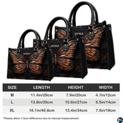 Carrying options demonstration illustrating handheld and shoulder wear for the copper butterfly handbag.