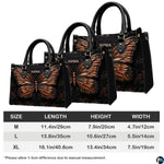 Carrying options demonstration illustrating handheld and shoulder wear for the copper butterfly handbag.