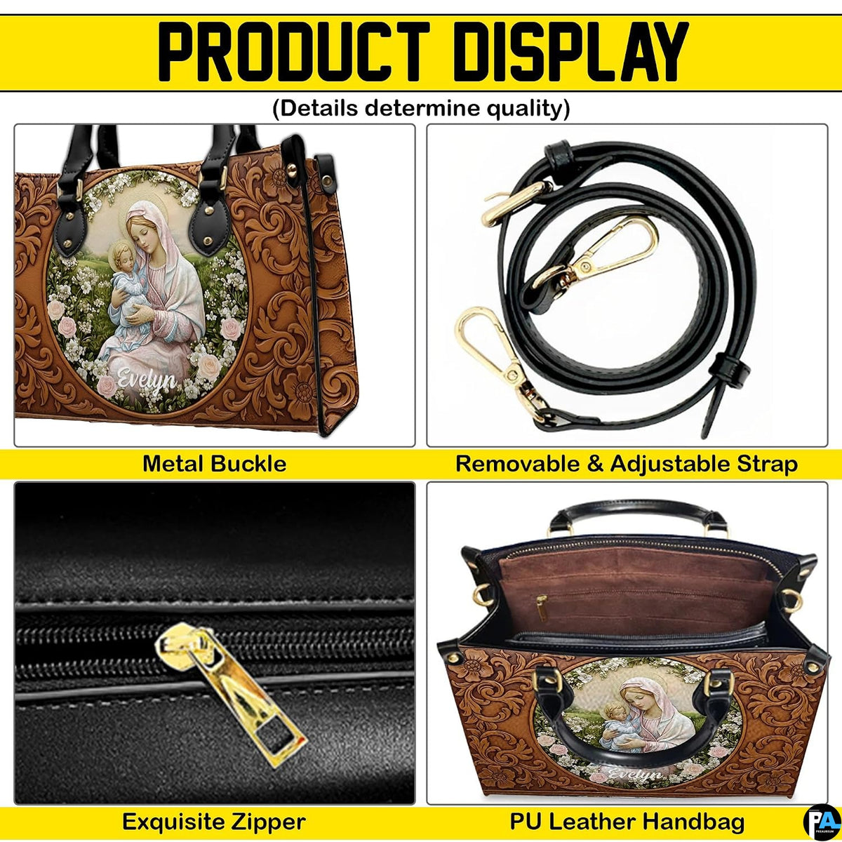 Back view of Madonna handbag featuring coordinated carved botanical scrollwork pattern