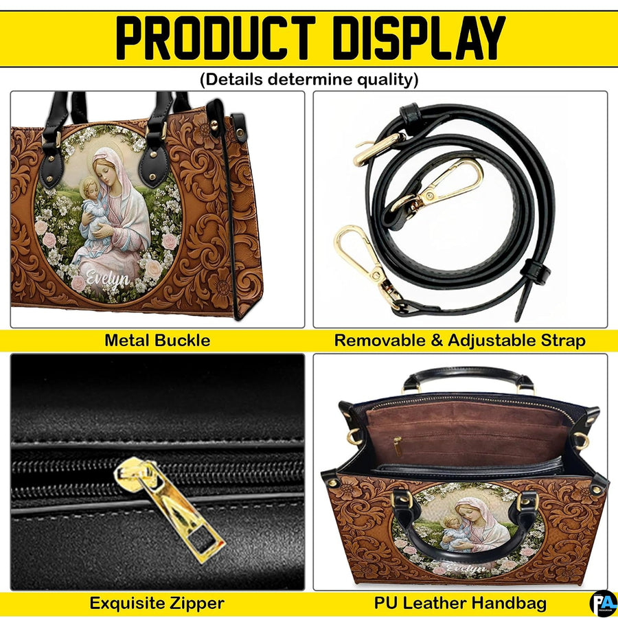Back view of Madonna handbag featuring coordinated carved botanical scrollwork pattern