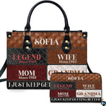 Cognac quilted patchwork handbag and matching zip wallet shown against studio background with textured panels.