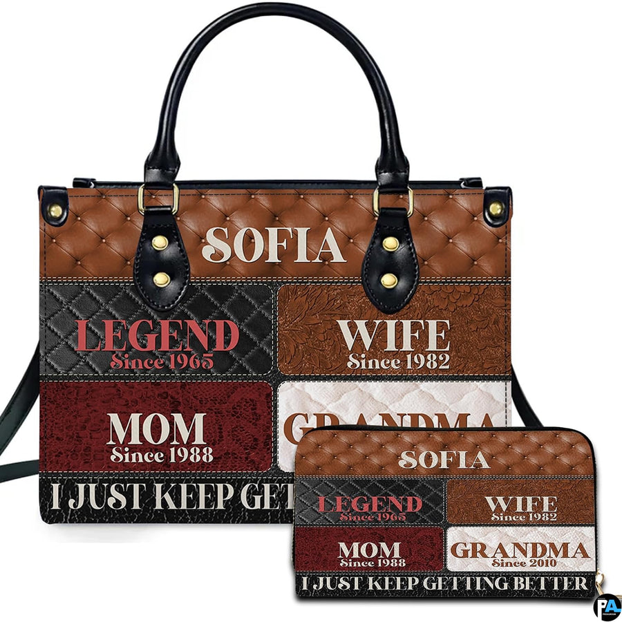 Cognac quilted patchwork handbag and matching zip wallet shown against studio background with textured panels.