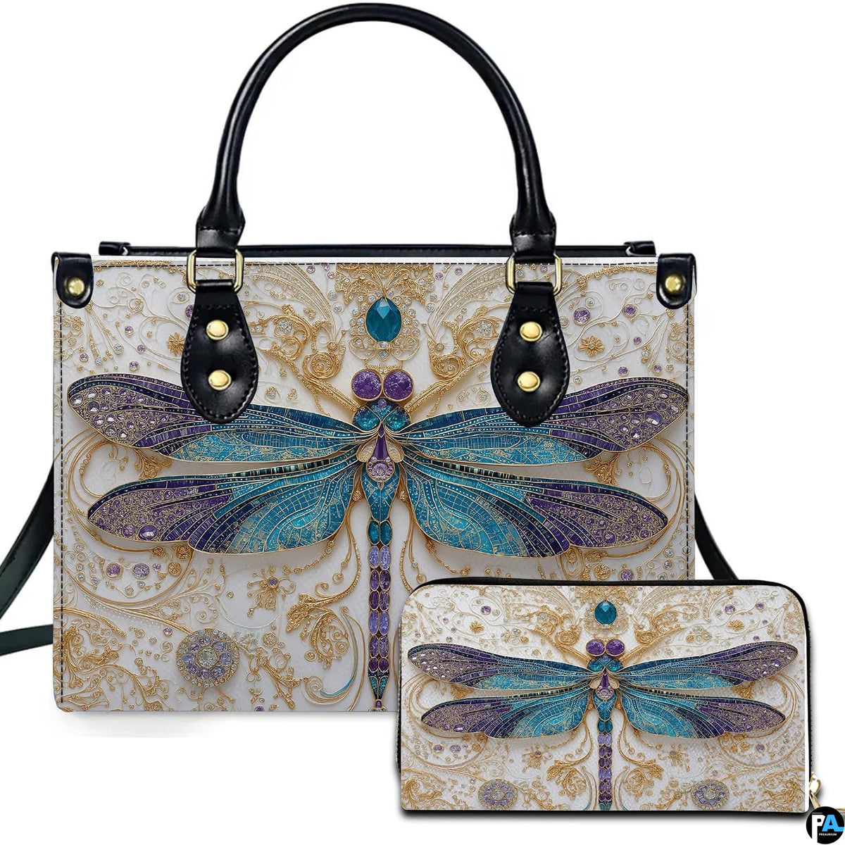 Jeweled filigree dragonfly handbag and matching wallet set featuring turquoise and purple wings.