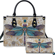 Jeweled filigree dragonfly handbag and matching wallet set featuring turquoise and purple wings.
