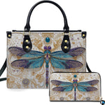 Jeweled filigree dragonfly handbag and matching wallet set featuring turquoise and purple wings.