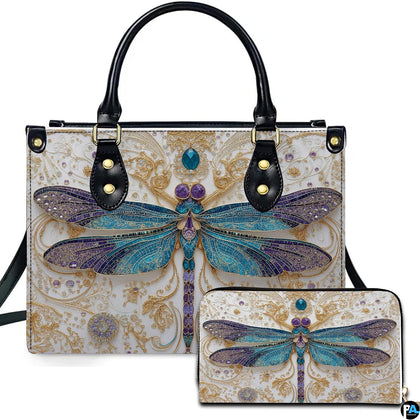 Jeweled filigree dragonfly handbag and matching wallet set featuring turquoise and purple wings.