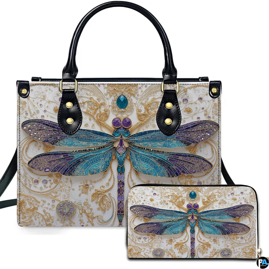 Jeweled filigree dragonfly handbag and matching wallet set featuring turquoise and purple wings.