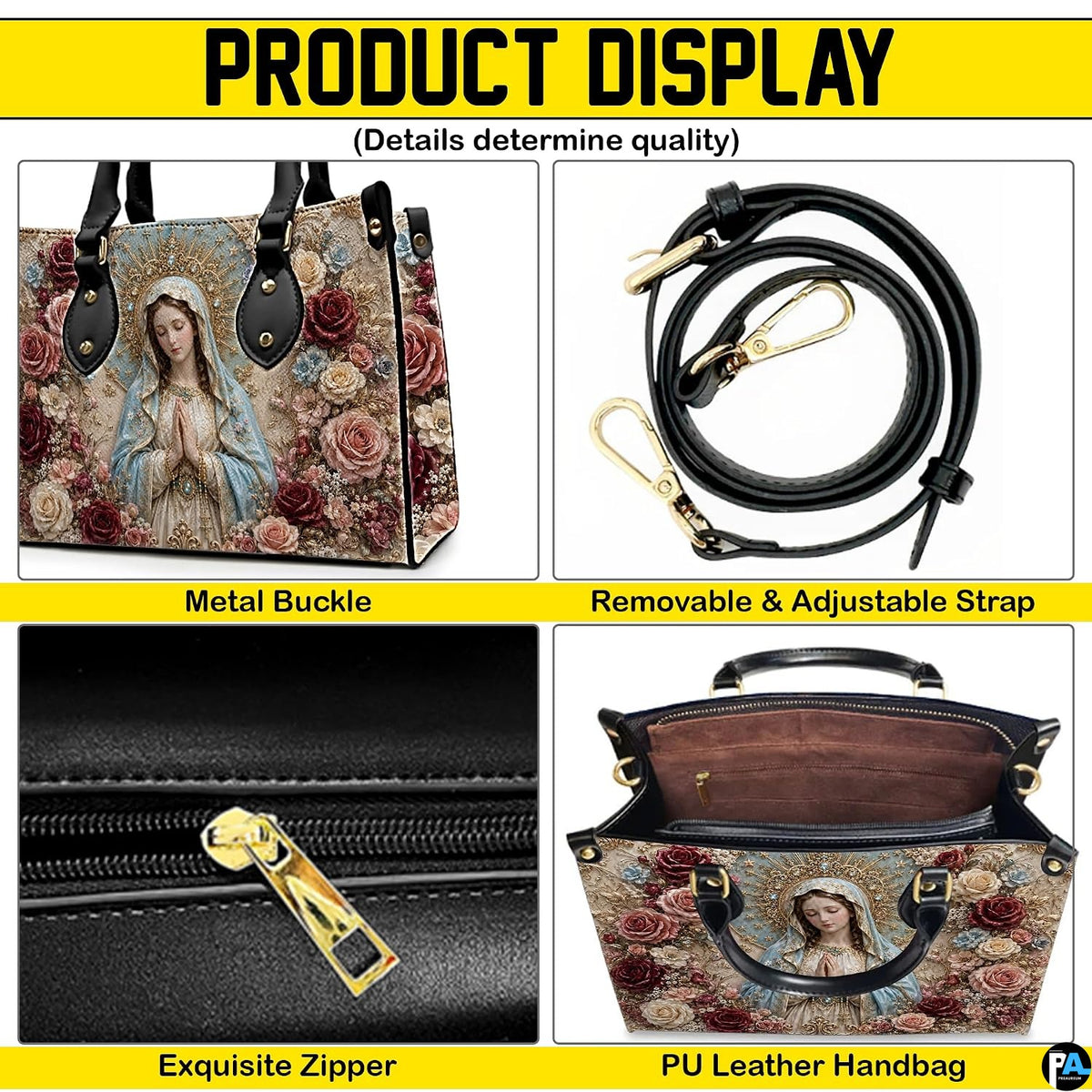 Product display panel highlighting hardware details, handles, and interior layout of handbag