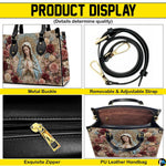 Product display panel highlighting hardware details, handles, and interior layout of handbag
