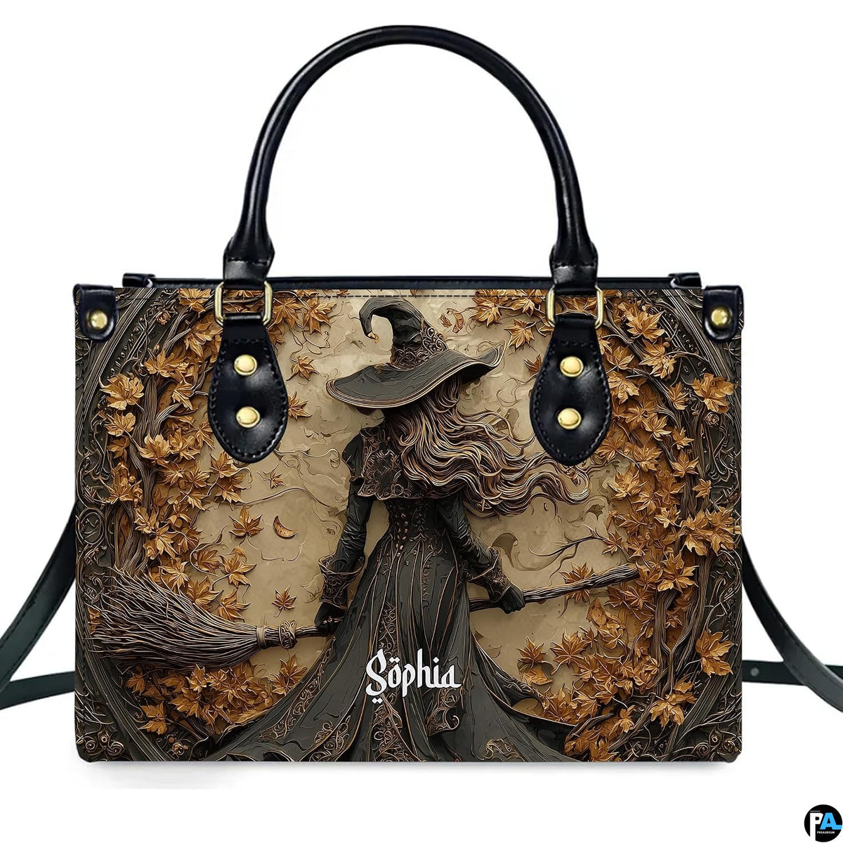 Gothic autumn witch broomstick handbag shown alone on white background.
