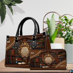 Bookshelf library handbag and wallet displayed on wooden table before indoor plants.