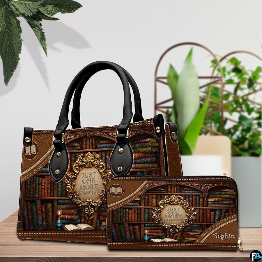 Bookshelf library handbag and wallet displayed on wooden table before indoor plants.