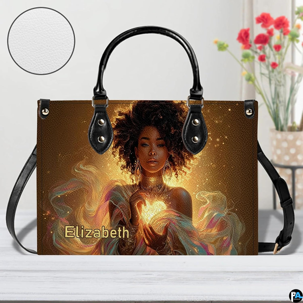 Handbag displayed in bright interior setting with pattern swatch inset