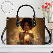Handbag displayed in bright interior setting with pattern swatch inset