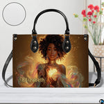 Handbag displayed in bright interior setting with pattern swatch inset