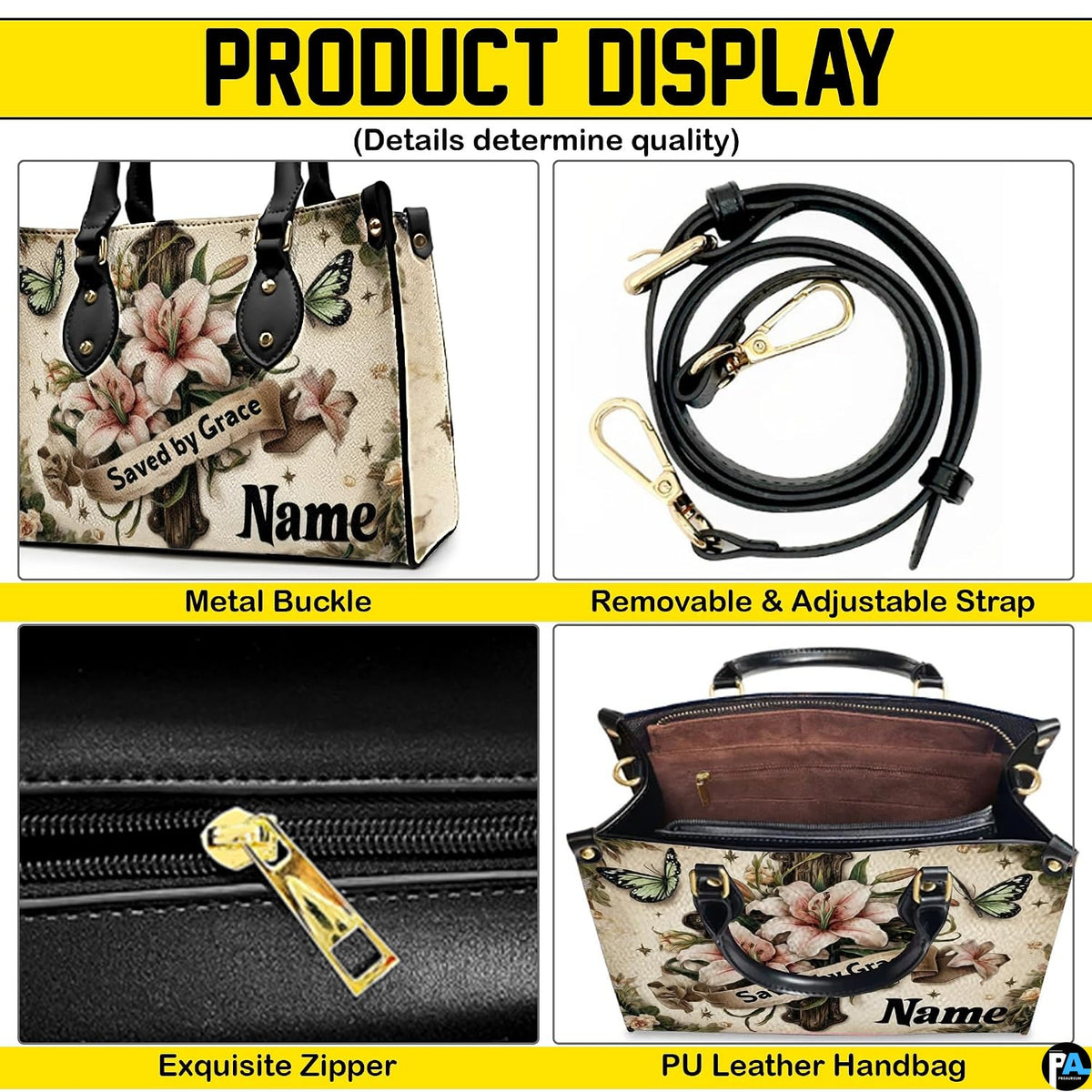 Top-down view of Easter lily cross handbag showing dual carrying handles.
