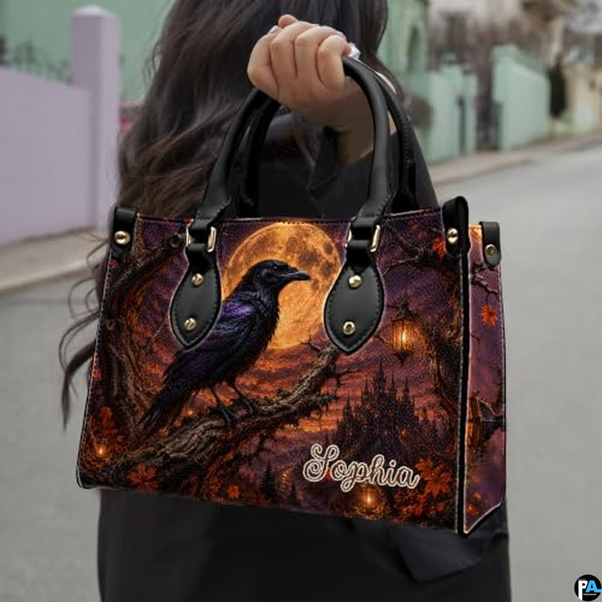 Personalized Halloween Gothic Leather Handbag Custom Raven Black Cat Purse Dark Fantasy Shoulder Bag Gift for Women