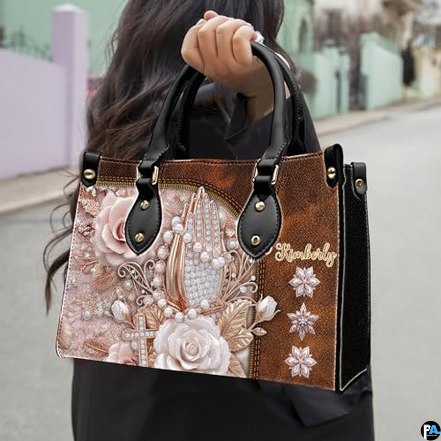 Custom Religious Praying Hands Rose Handbag for Christian Women