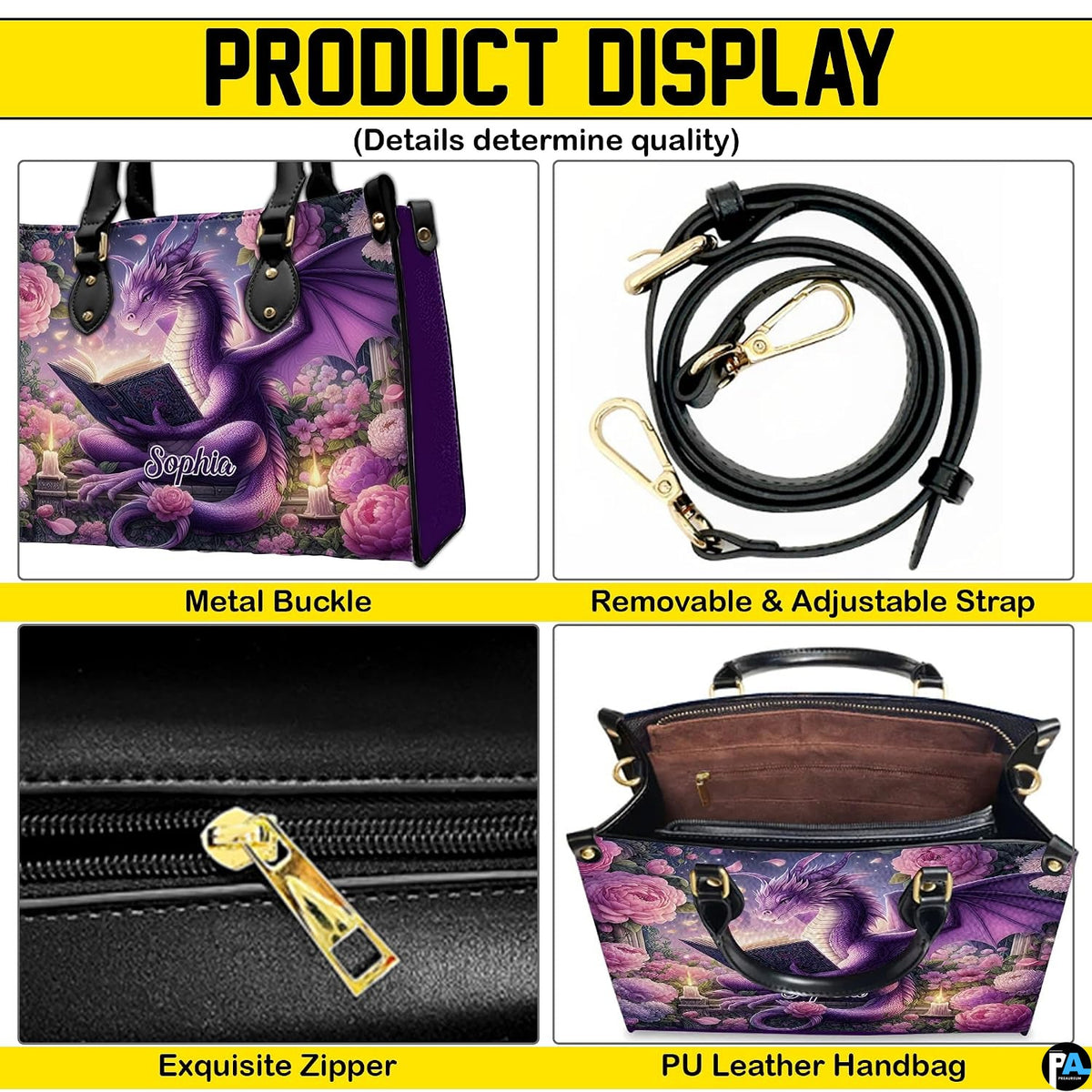 Product display of handbag shoulder strap, buckle hardware, zipper closure, and interior lining.