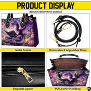 Product display of handbag shoulder strap, buckle hardware, zipper closure, and interior lining.