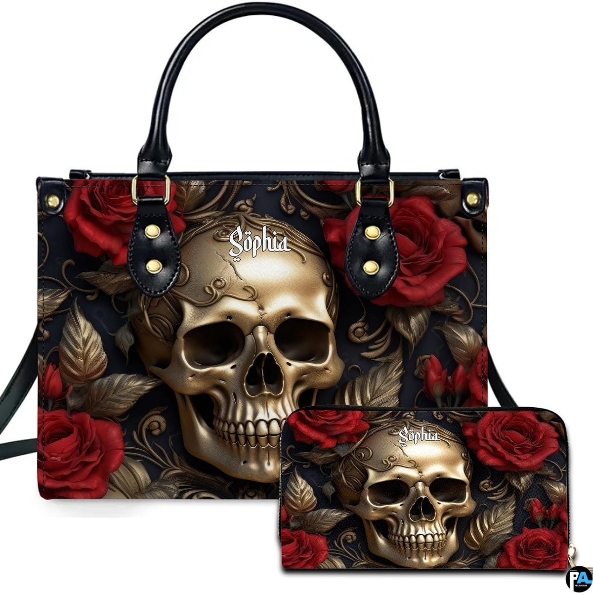 Gothic golden skull crimson rose handbag and matching wallet set displayed on white background.
