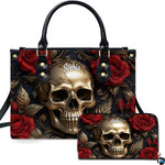 Gothic golden skull crimson rose handbag and matching wallet set displayed on white background.