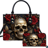 Gothic Golden Skull Crimson Rose Handbag and Matching Wallet Set