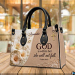 Back view of dual-tone cream and taupe floral handbag