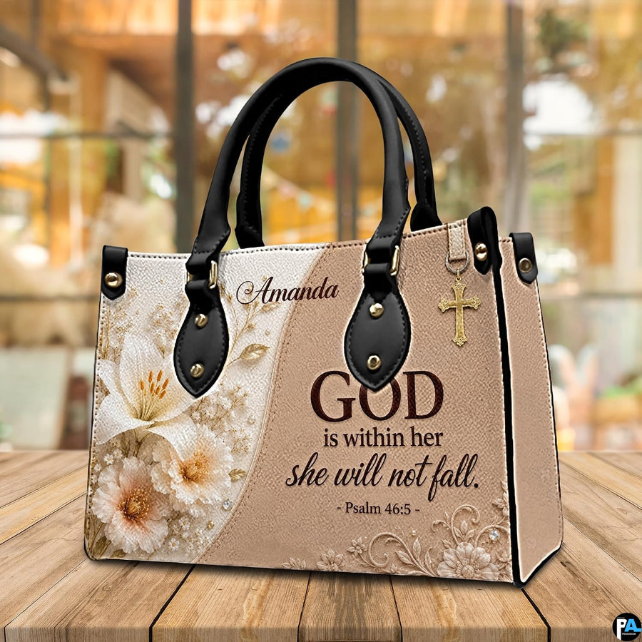 Back view of dual-tone cream and taupe floral handbag