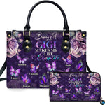 Purple diamond butterfly handbag and matching zip wallet shown against studio background with floral artwork.