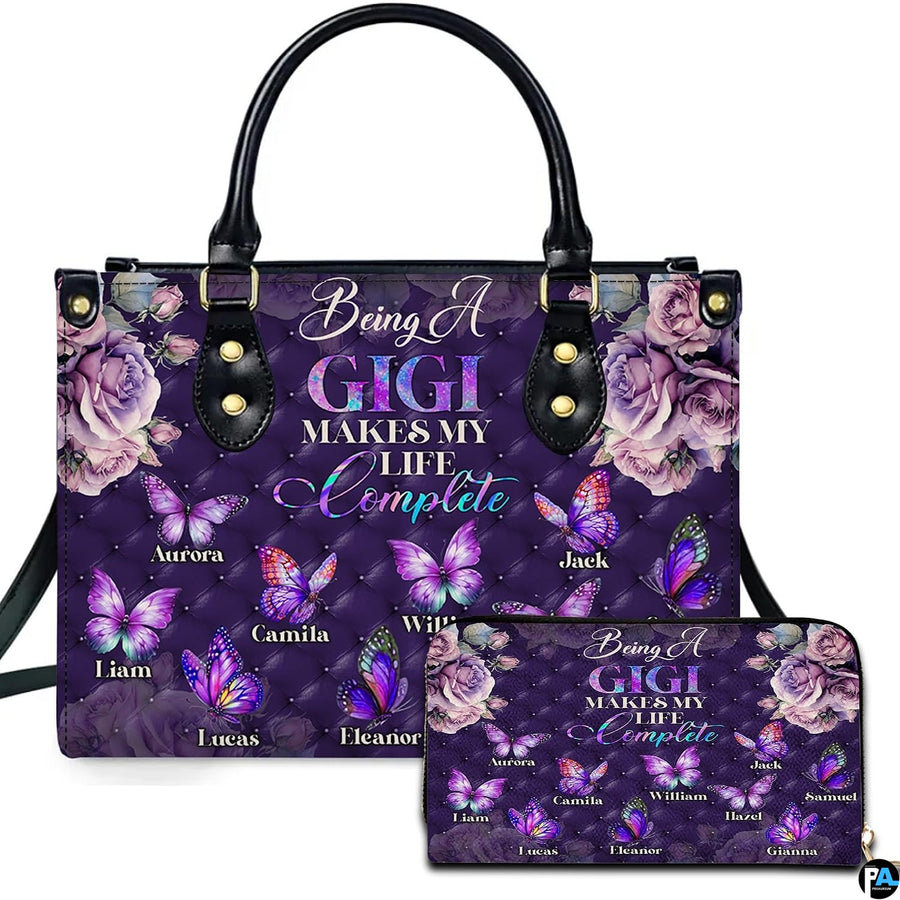 Purple diamond butterfly handbag and matching zip wallet shown against studio background with floral artwork.