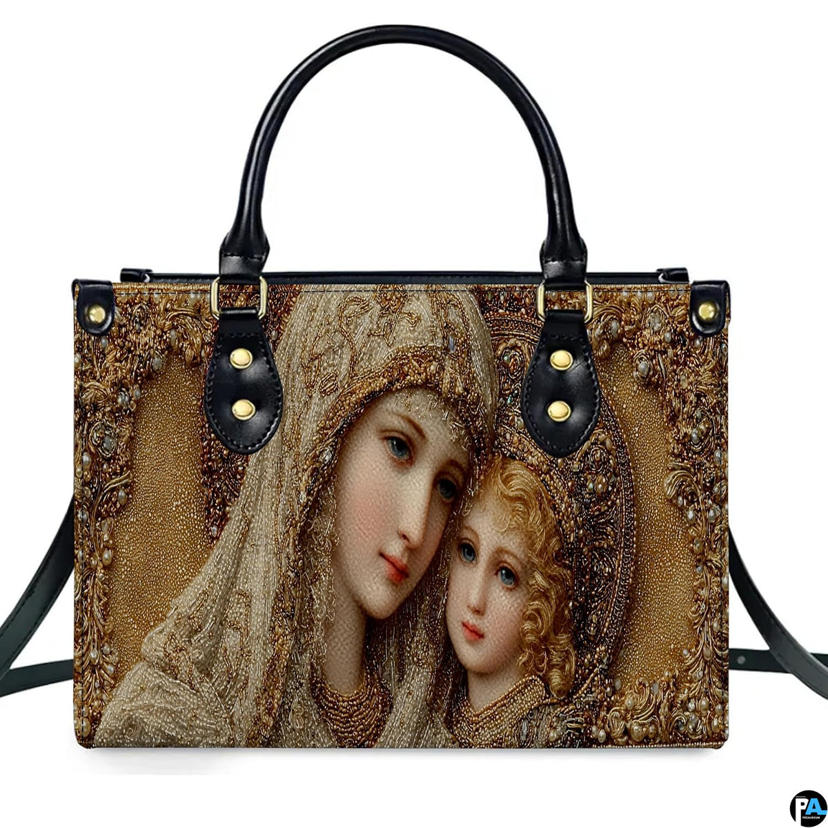 Complete matching handbag and wallet set in golden Byzantine Madonna icon arrangement