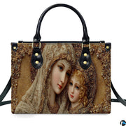 Complete matching handbag and wallet set in golden Byzantine Madonna icon arrangement