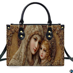 Complete matching handbag and wallet set in golden Byzantine Madonna icon arrangement