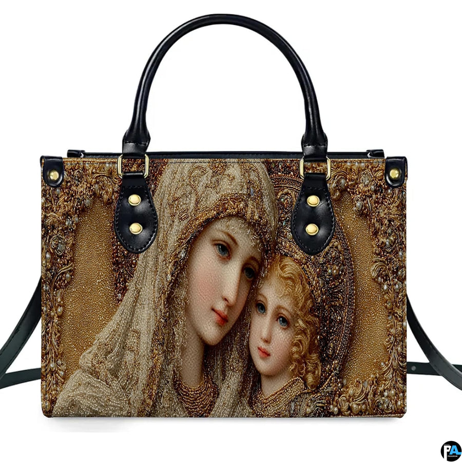 Complete matching handbag and wallet set in golden Byzantine Madonna icon arrangement