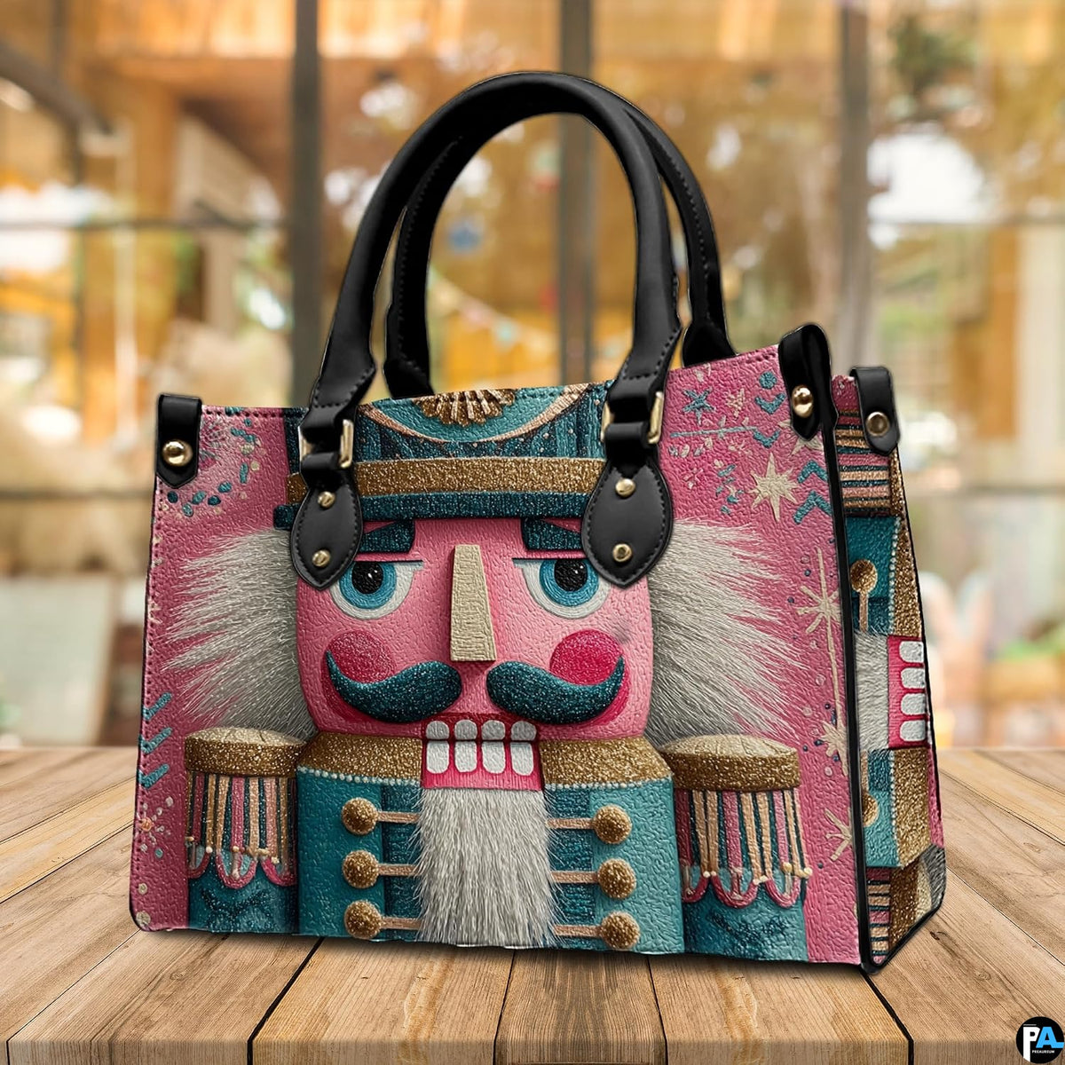 Warm interior staging displaying the colorful Nutcracker soldier artwork on a wooden tabletop