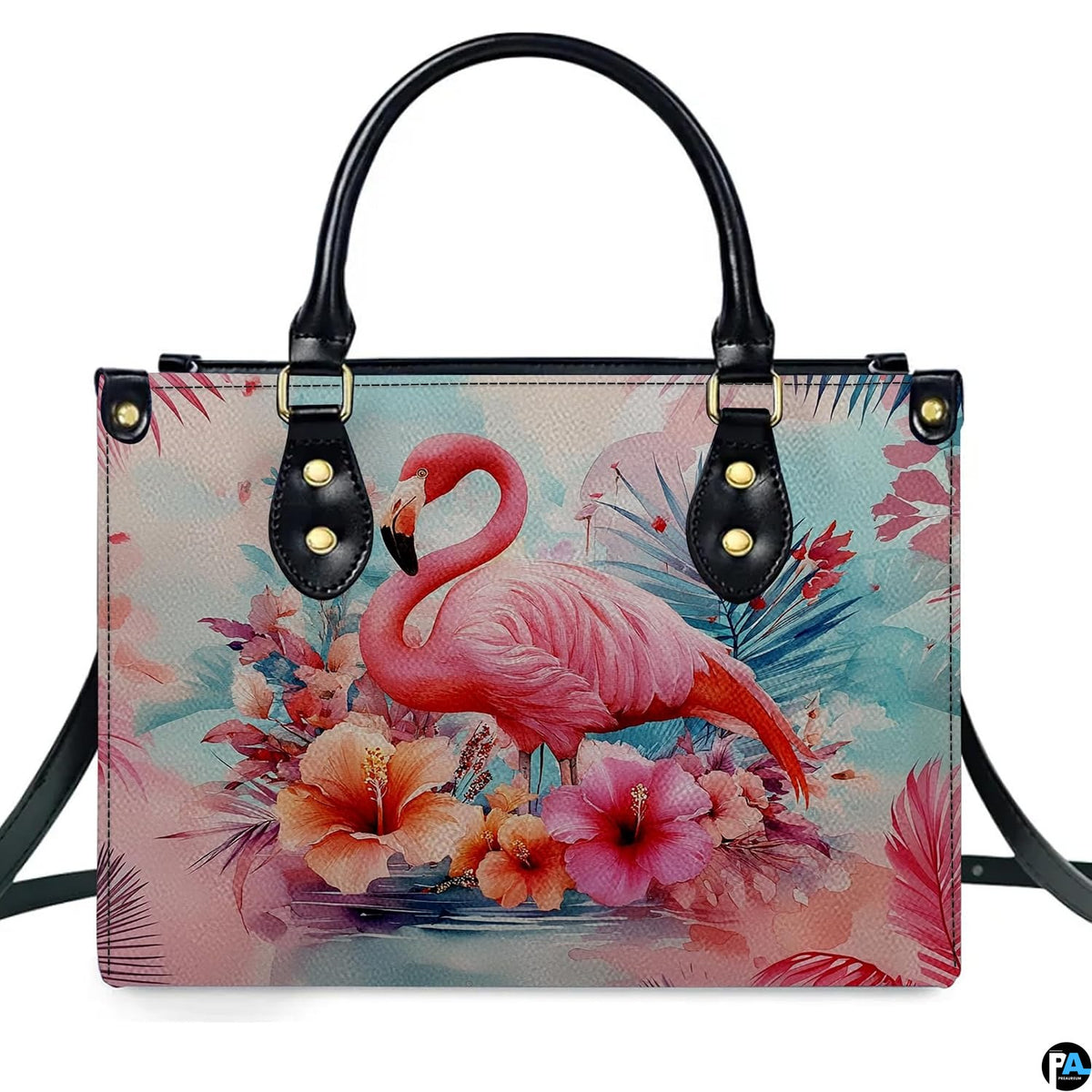 Angled display highlighting the vibrant hibiscus blossoms and wading flamingo.