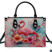 Angled display highlighting the vibrant hibiscus blossoms and wading flamingo.