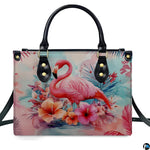 Angled display highlighting the vibrant hibiscus blossoms and wading flamingo.