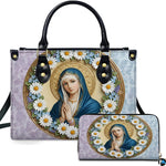 Daisy wreath Virgin Mary handbag and matching wallet set on pastel damask