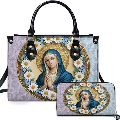 Daisy wreath Virgin Mary handbag and matching wallet set on pastel damask