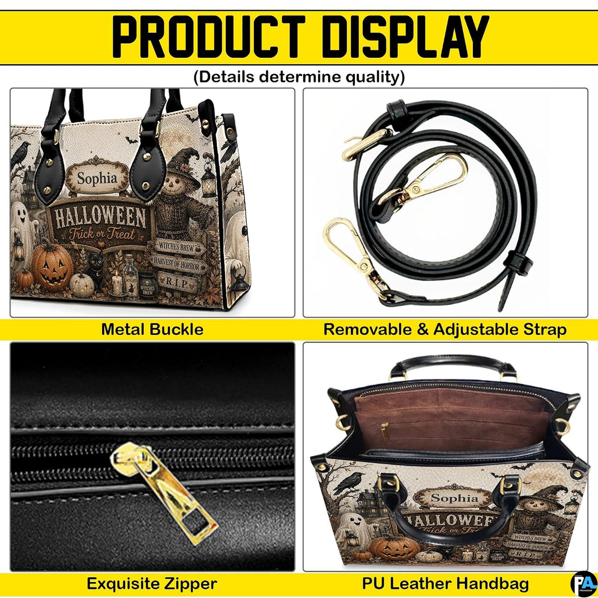 Four-panel layout presenting multiple perspectives and crisp graphic views of the spooky autumn art accessory.