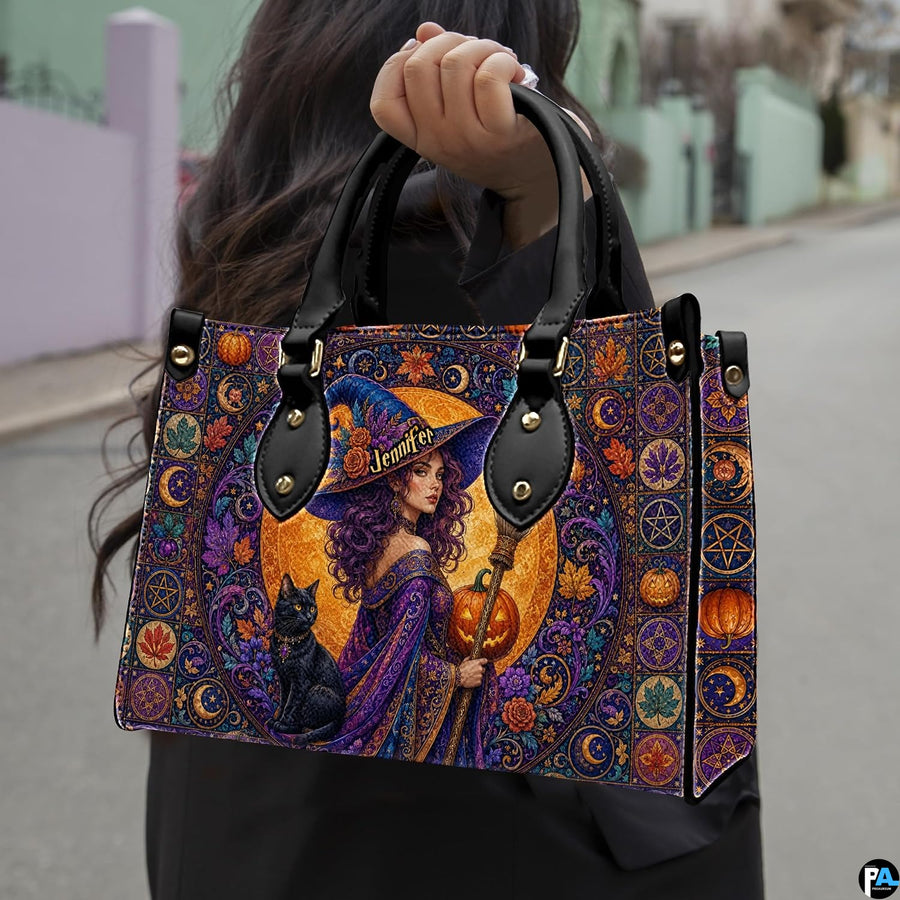 Outdoor lifestyle perspective showing gothic witch artwork held by pedestrian along street.