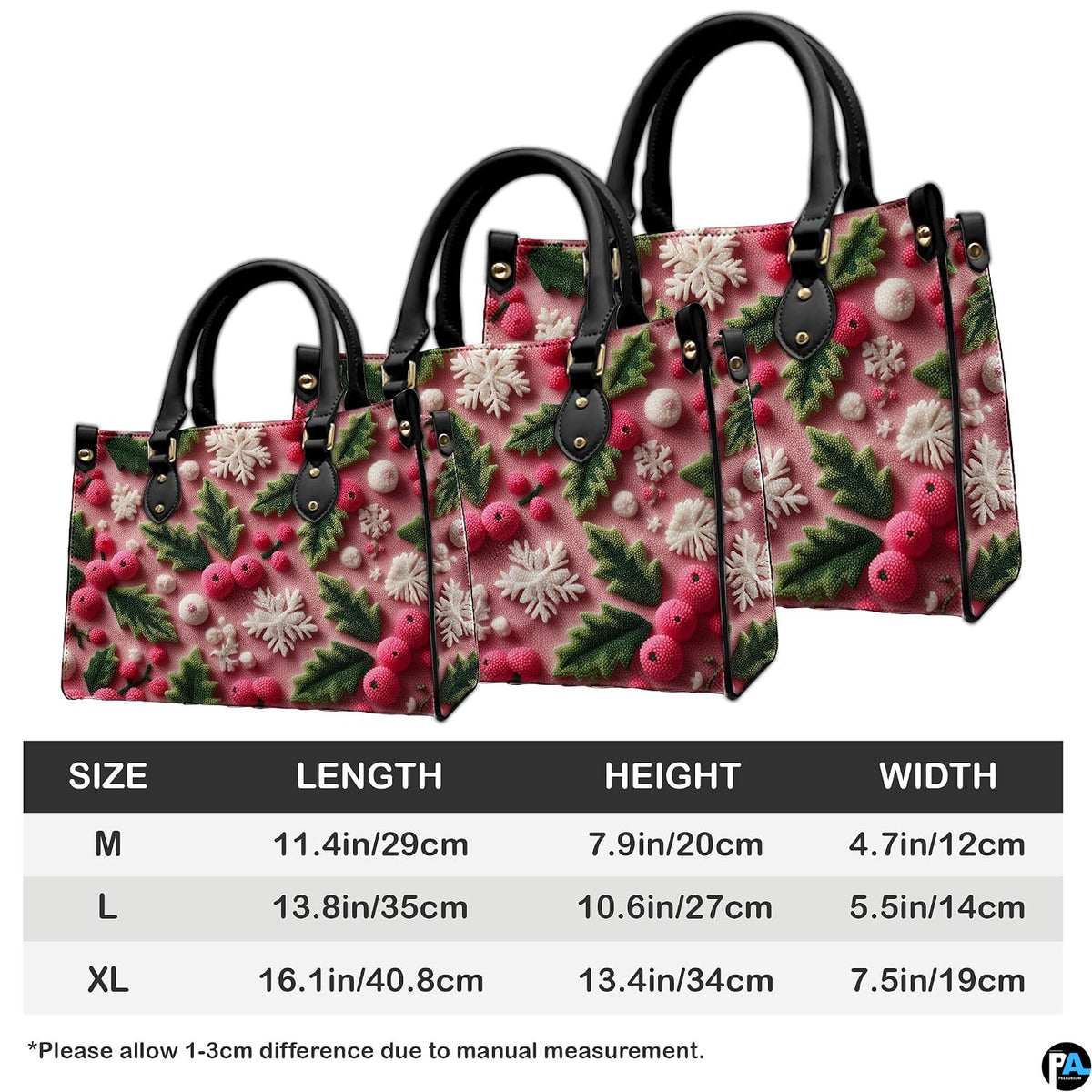 Scale illustration showing proportional views of pink holiday holly berry pattern