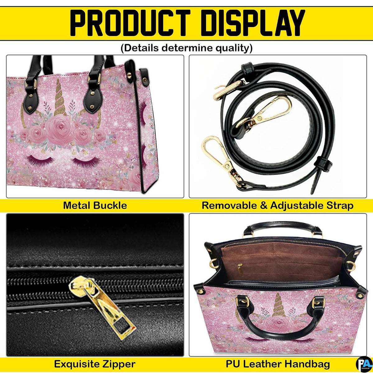 Matching zip wallet featuring the sleeping rose unicorn graphic on pink glitter.