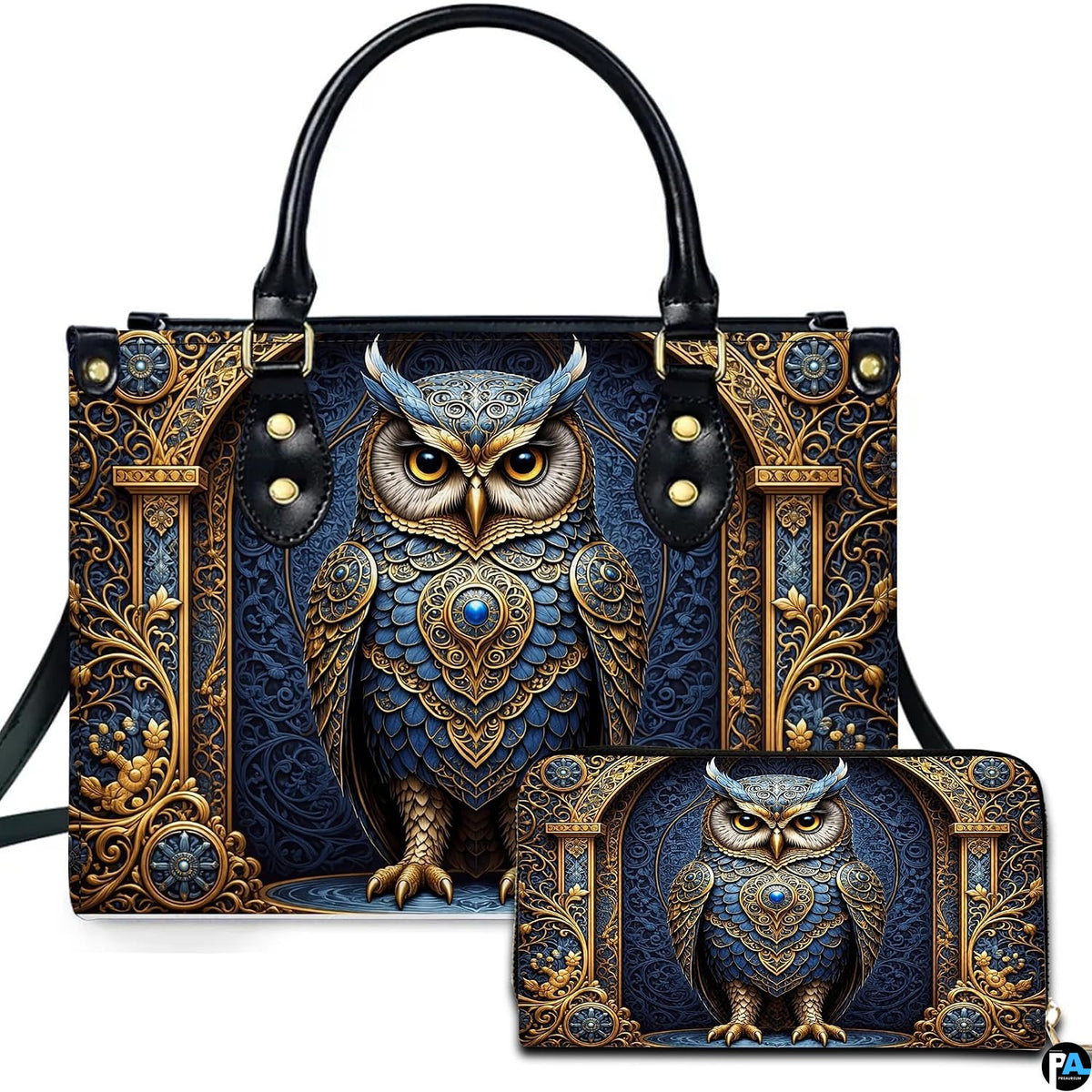 Baroque jeweled gold owl handbag and wallet set displayed together on white background
