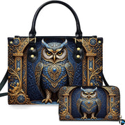 Baroque jeweled gold owl handbag and wallet set displayed together on white background
