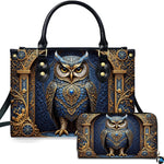 Baroque jeweled gold owl handbag and wallet set displayed together on white background