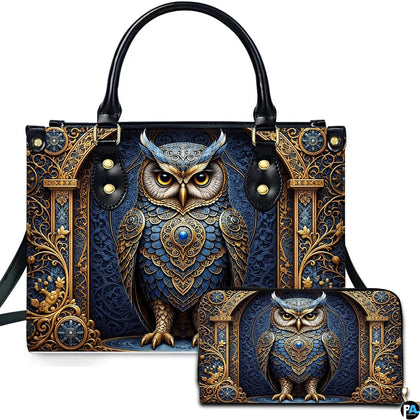 Baroque jeweled gold owl handbag and wallet set displayed together on white background