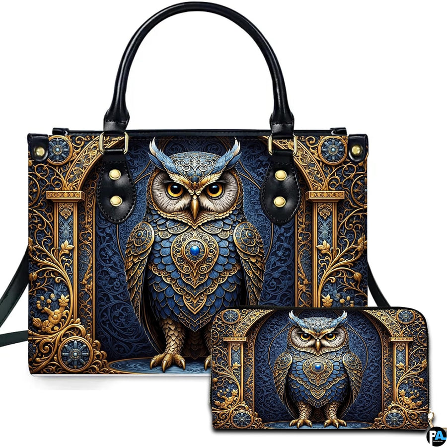 Baroque jeweled gold owl handbag and wallet set displayed together on white background